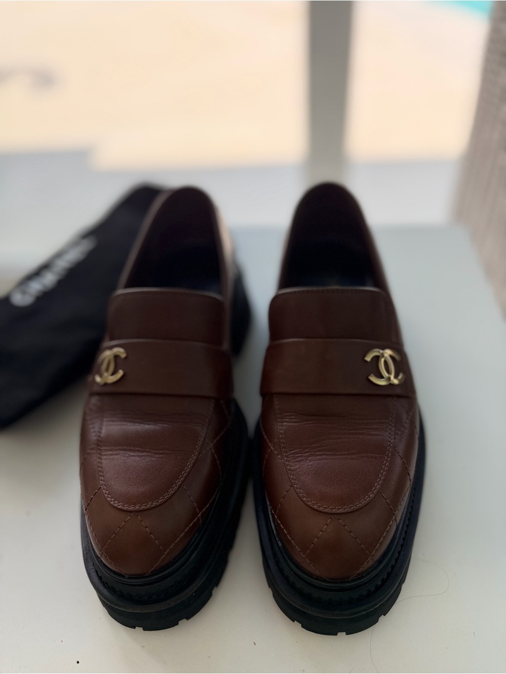CHANEL Brown Leather Quilted Platform Penny Loafers with Gold CC
